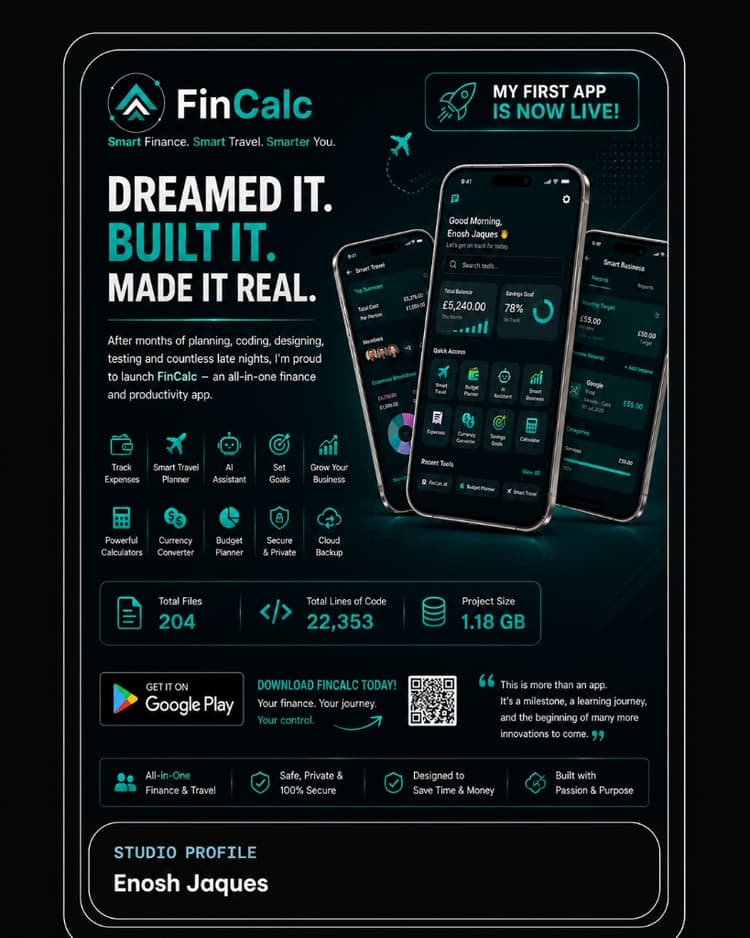 FinCalc — Smart Finance, Smart Travel, Smarter You. Launch poster showing app screens and key features.